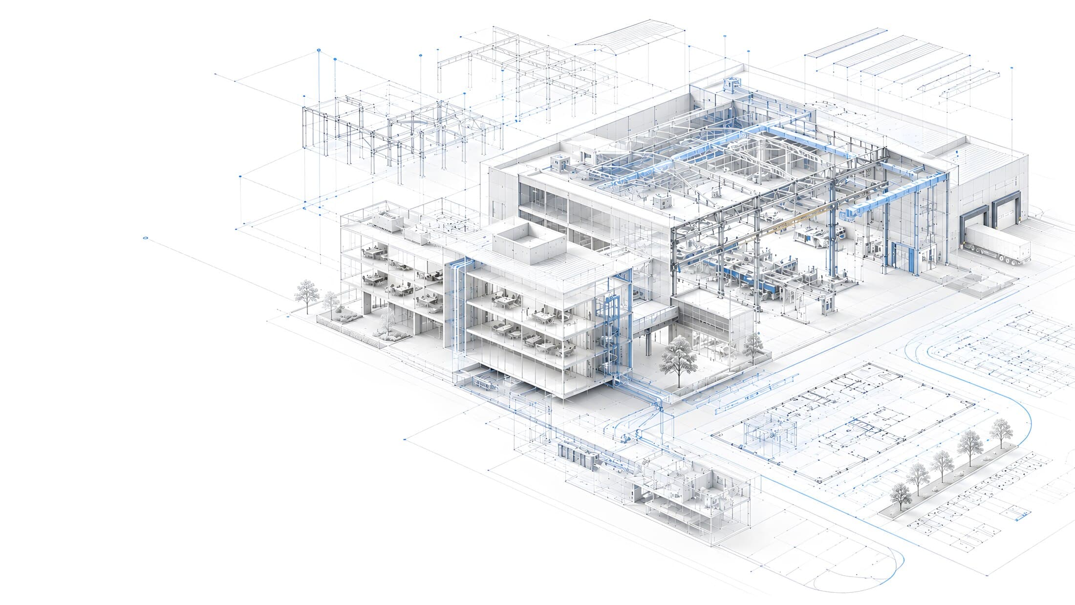 Blueprint illustration of an industrial facility with structural and MEP overlays